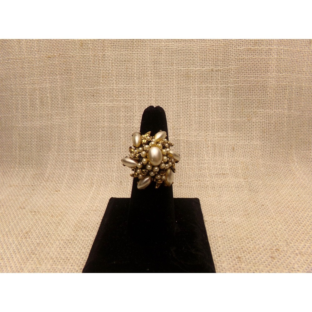 Hollycraft Signed 1952 Faux Pearl Gold Tone Floral Vtg Ring ~ Size Adjustable